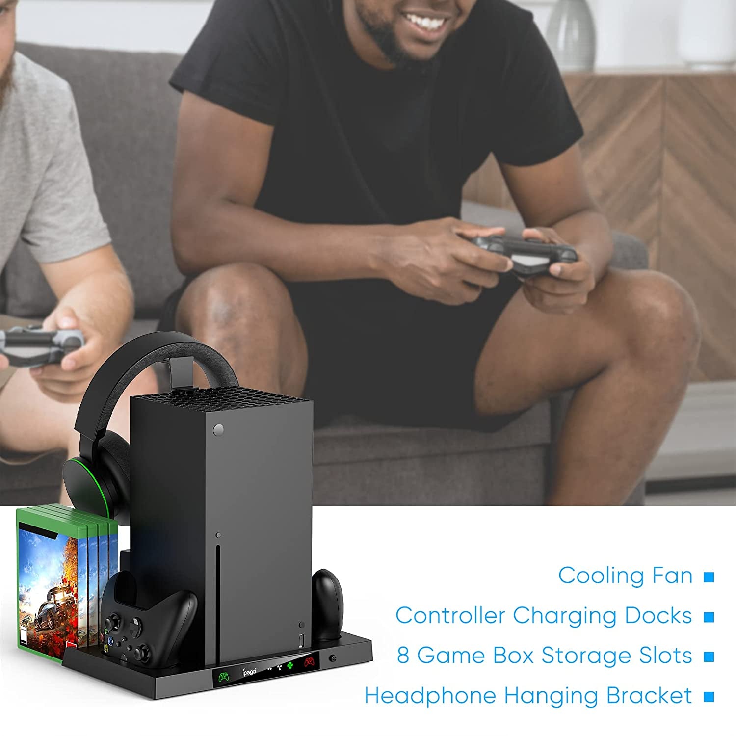 Vertical Cooling Stand and Controller Charger Station for Xbox Series X - Dual Suction Cooler Fan System, 8 Game Storage Organizer, and Headset Hanger Included