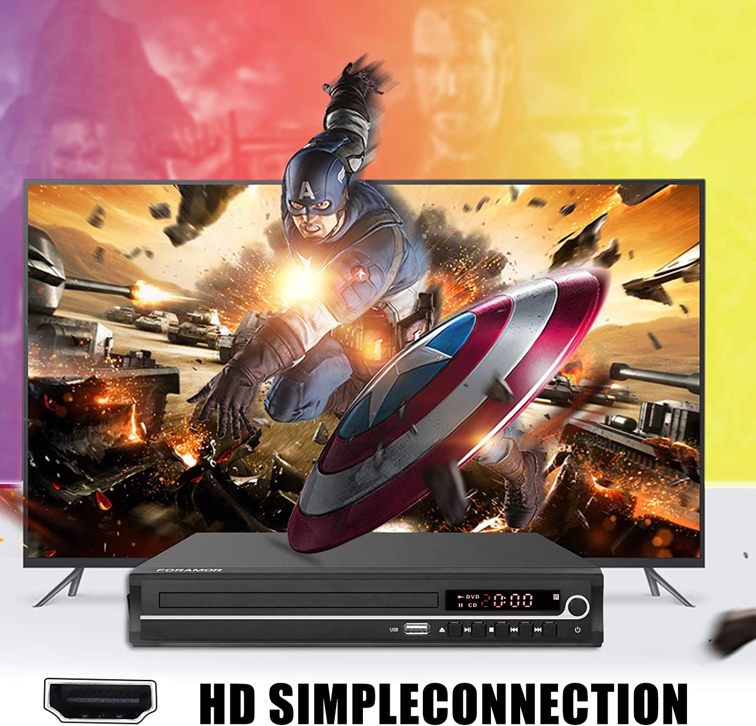  HDMI DVD Player for Smart TV, High-Quality 1080P Full HD, Remote Control, USB Input, Region Free - Includes HDMI Cable