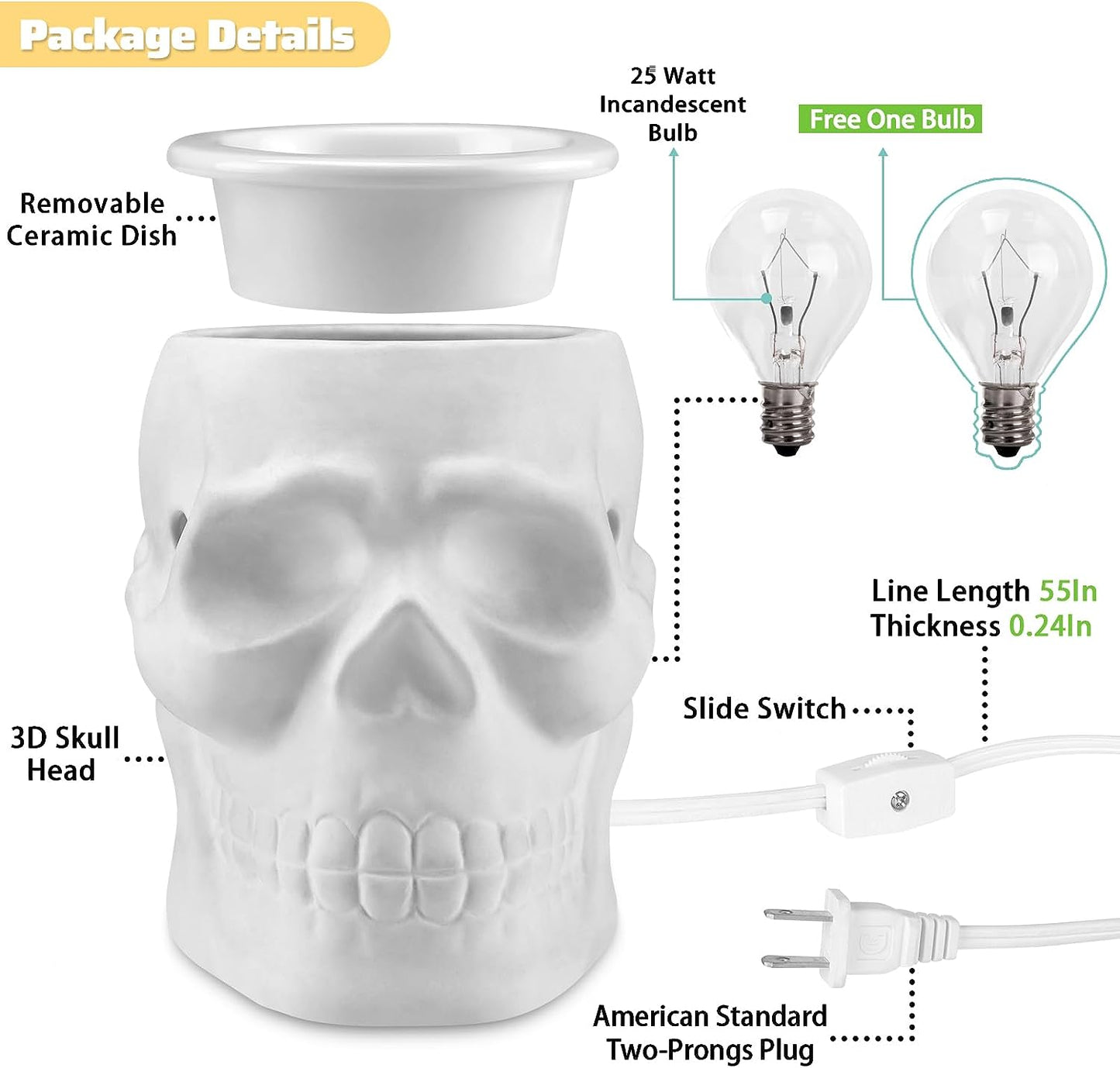 Resurgent Skull Ceramic Electric Wax Melt Warmer - Home Fragrance Oil Diffuser for Home Decor, Office, and Living Room, Ideal Gifts, Includes Two Bulbs