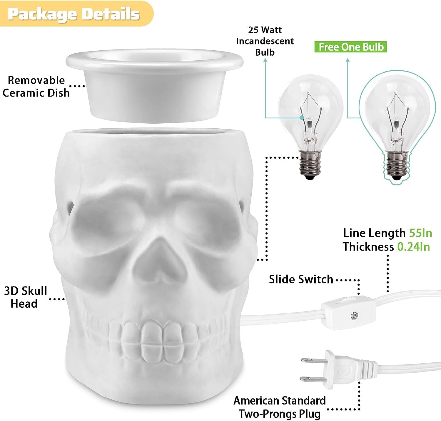 Resurgent Skull Ceramic Electric Wax Melt Warmer - Home Fragrance Oil Diffuser for Home Decor, Office, and Living Room, Ideal Gifts, Includes Two Bulbs