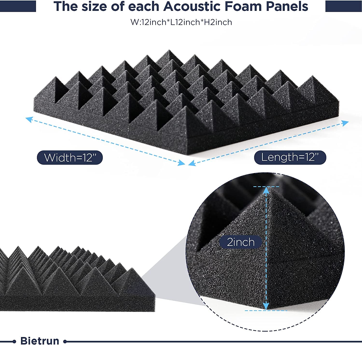 Acoustic Foam Panels (12 Pcs), 12'' X 12" X 2 Inch Thick Pyramid Soundproofing Treatment for Recording Studio, Bedroom Walls - Noise Reduction Panels (Adhesive Not Included)