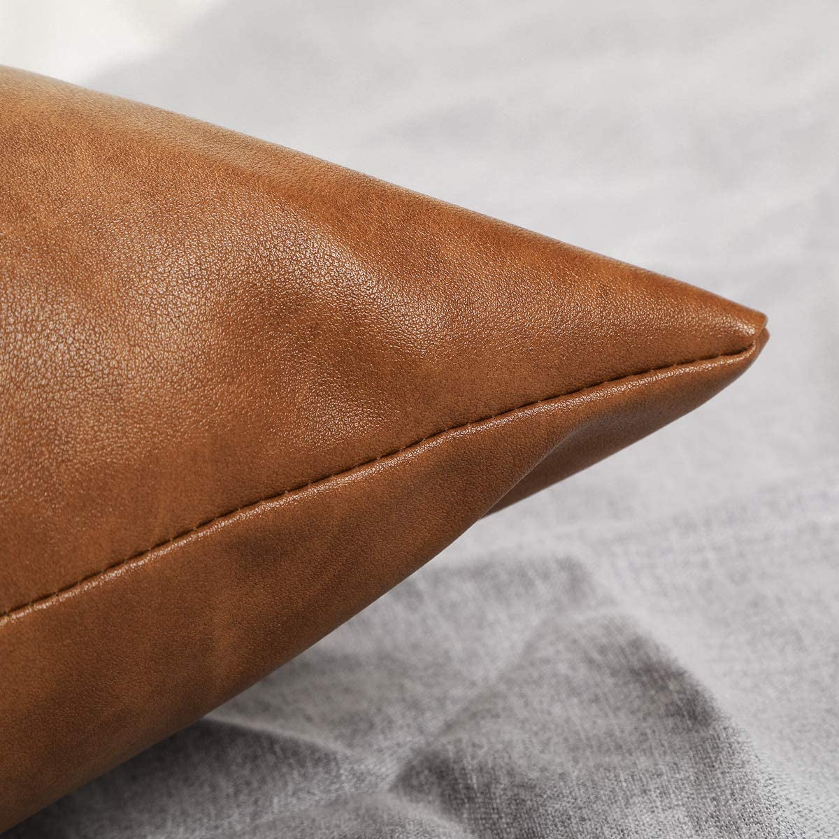 Set of 2 Brown Faux Leather Accent Throw Pillow Covers, 18X18 Inch - Modern Country Farmhouse Style Pillowcases for Bedroom, Living Room, and Sofa