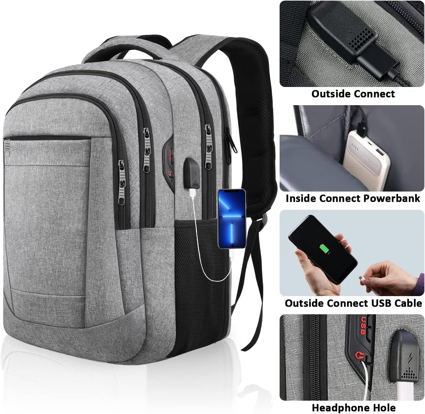 TSA Approved Large Travel Backpack, Waterproof Anti-Theft Business College Computer Bag  Fits 15.6 Inch Laptop, USB Charging Port, Headphone Hole,- Grey