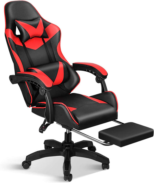 Premium Ergonomic Red and Black Racing Office Chair with Adjustable Backrest, Height, Swivel, Footrest, and Lumbar Support - The Ultimate Gaming Throne