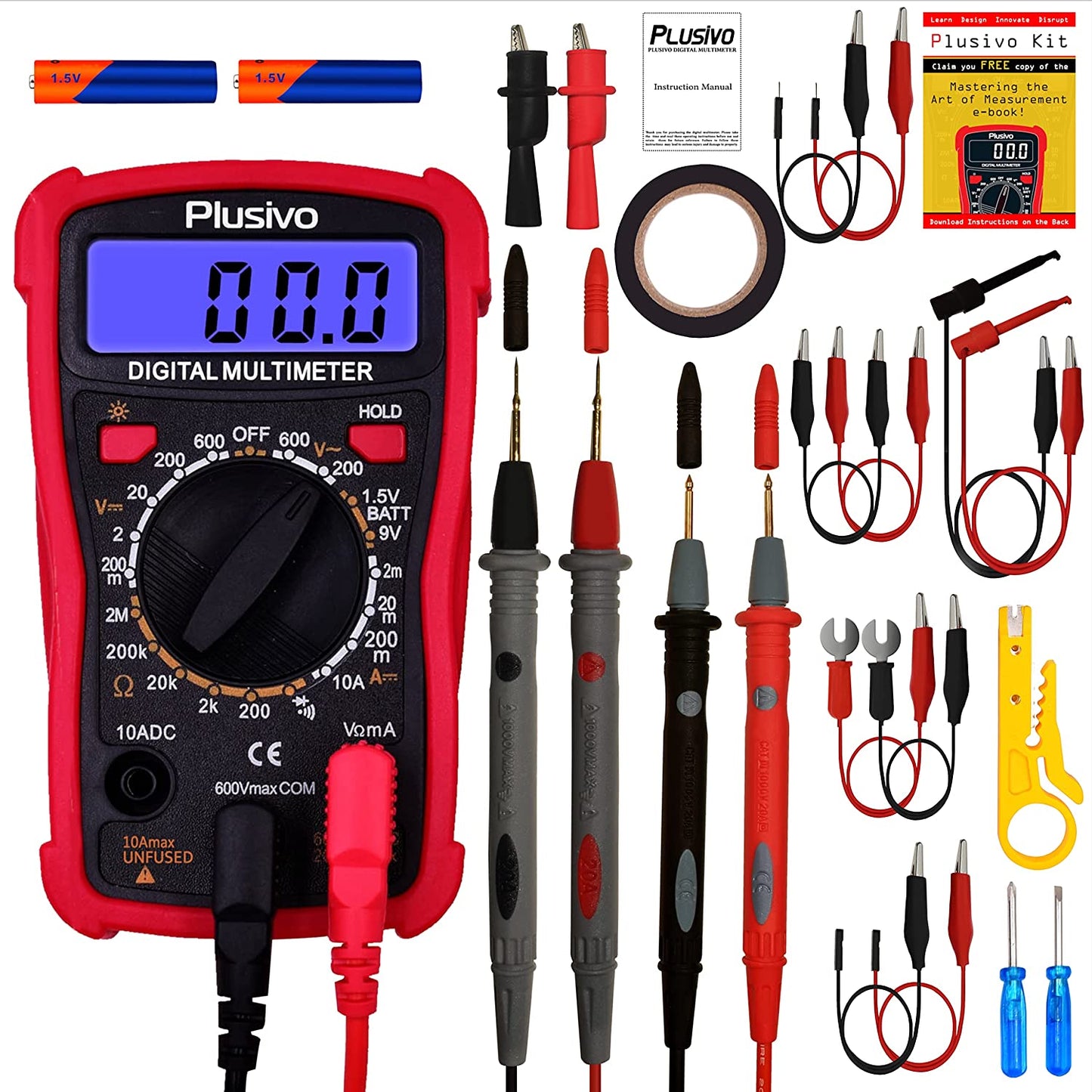High-Quality Digital Multimeter with AC DC Voltmeter, Ohm Volt Amp Testing Capabilities, Continuity, Battery and Diode Testing, Complete Set of Test Leads, Probes, Test Clips, Dupont Wires, Crocodile Clips, and Wire Stripper from Plusivo