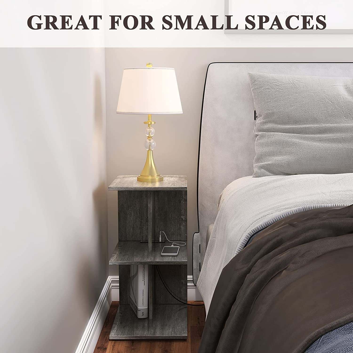 Compact Grey End Table with Integrated Charging Station, USB Ports and Outlets - Slim Side Table for Small Spaces, Ideal for Living Room, Bedroom, or Sofas