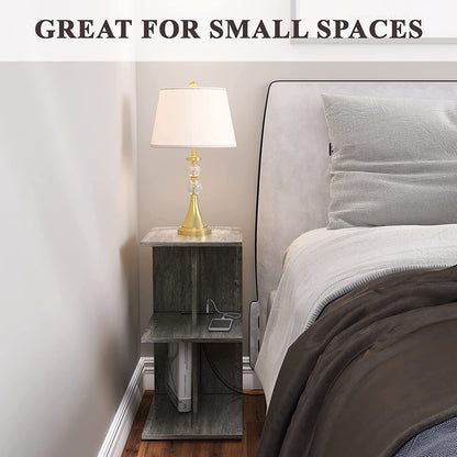 Compact Grey End Table with Integrated Charging Station, USB Ports and Outlets - Slim Side Table for Small Spaces, Ideal for Living Room, Bedroom, or Sofas