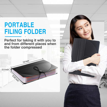 24-Pocket Expanding File Folder with Blank Labels - Desktop Accordion Organizer for Letter and A4 Paper, Black