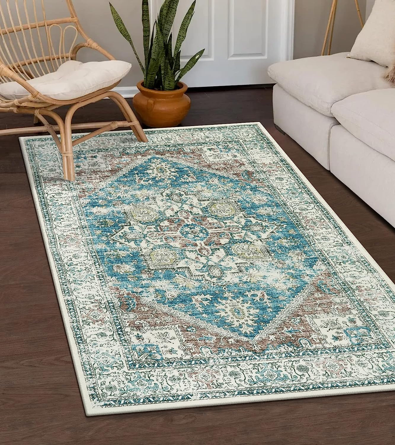  Persian Washable Area Rug 4X6 - Vintage Low-Pile Indoor Rug for Stylish Boho Bedroom, Living Room, and More - Non-Slip Retro Print Distressed Accent Rug - Ideal for Kitchen, Entryway, Office, Camper, Rv - Blue/Grey Color