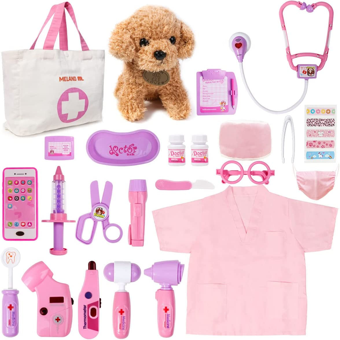 Pretend Play Doctor Set for Girls - Comprehensive Toy Doctor Kit with Dog Toy, Portable Bag, Electronic Stethoscope & Dress up Costume
