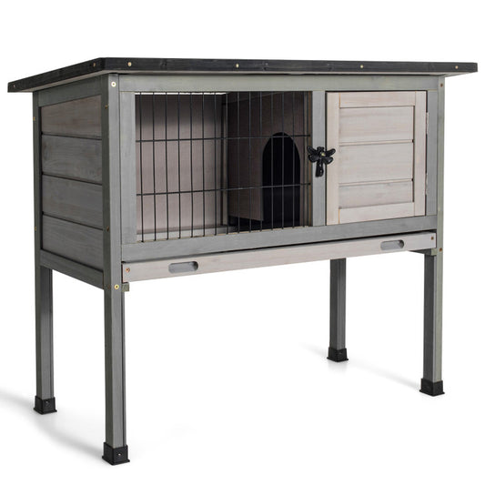 Compact Elevated Rabbit Hutch with Hinged Asphalt Roof and Detachable Tray