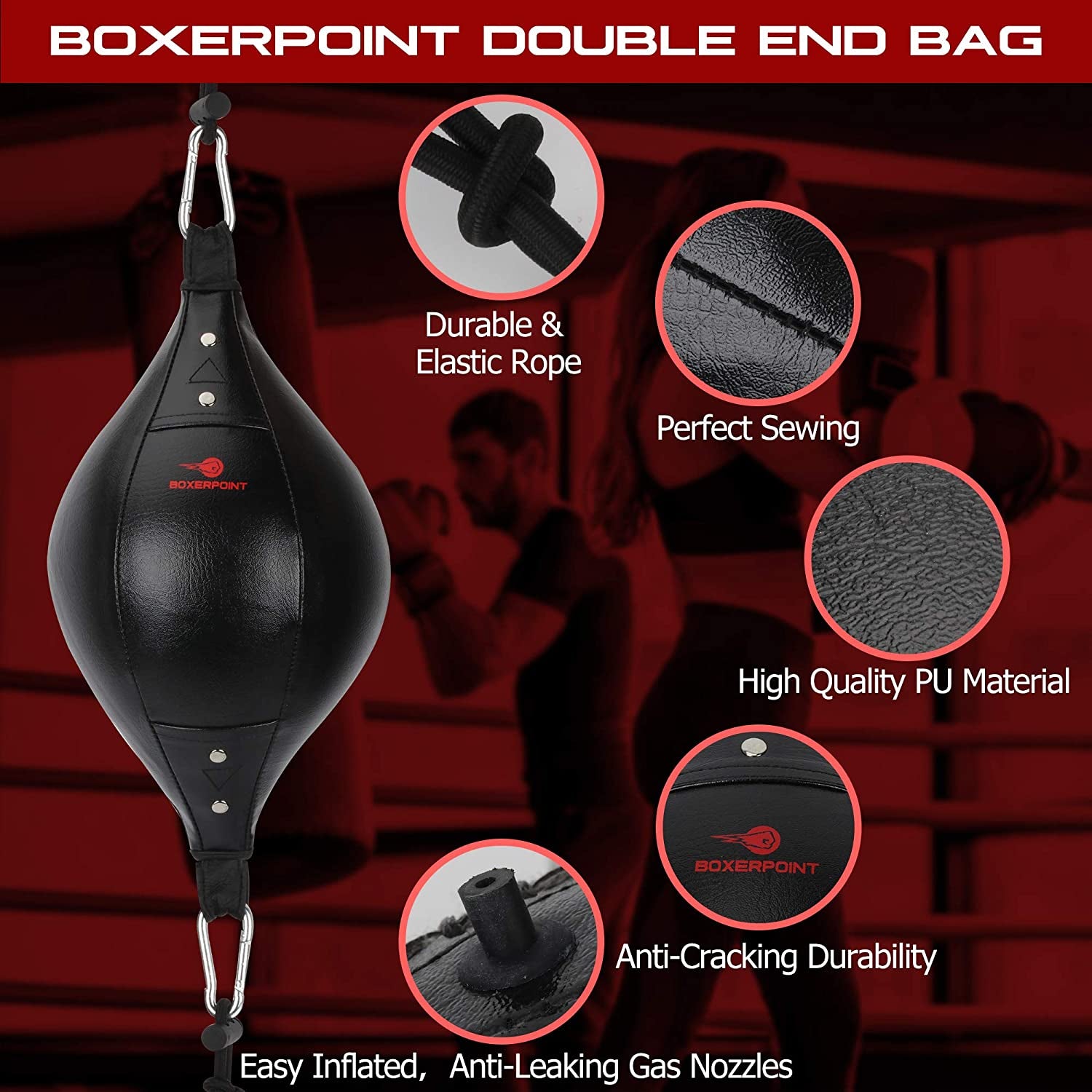 Boxerpoint Double End Punching Bag Kit | PU Leather, 2X41 Adjustable Cords, Hand Wraps, Carry Bag and Installation | Double End Bag Boxing Equipment for Home and Gym - Double End Boxing Bag Kit