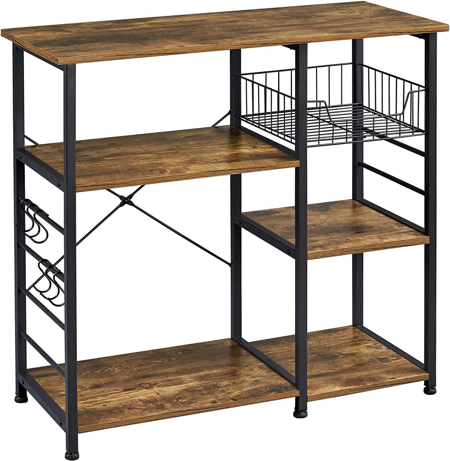 Rustic Brown 4-Tier Kitchen Baker's Rack with Wire Basket, 6 Side Hooks, and Storage Shelf for Spices, Utensils, and Food Organizing