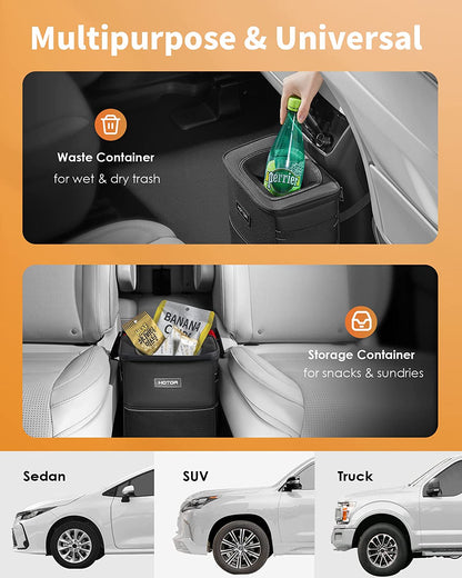Multipurpose Car Trash Bin with Lid, Waterproof Storage Pockets, and 100% Leak-Proof Design - Black