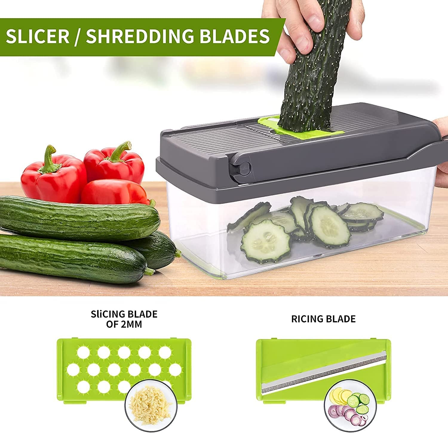Versatile 13-In-1 Vegetable & Fruit Chopper with 8 Interchangeable Blades - Including Onion Chopper, Mandolin Slicer, and Cutter for Veggies - Complete with Colander Container - Essential Kitchen Tool for Preparing Salad, Potato, Carrot, Garlic