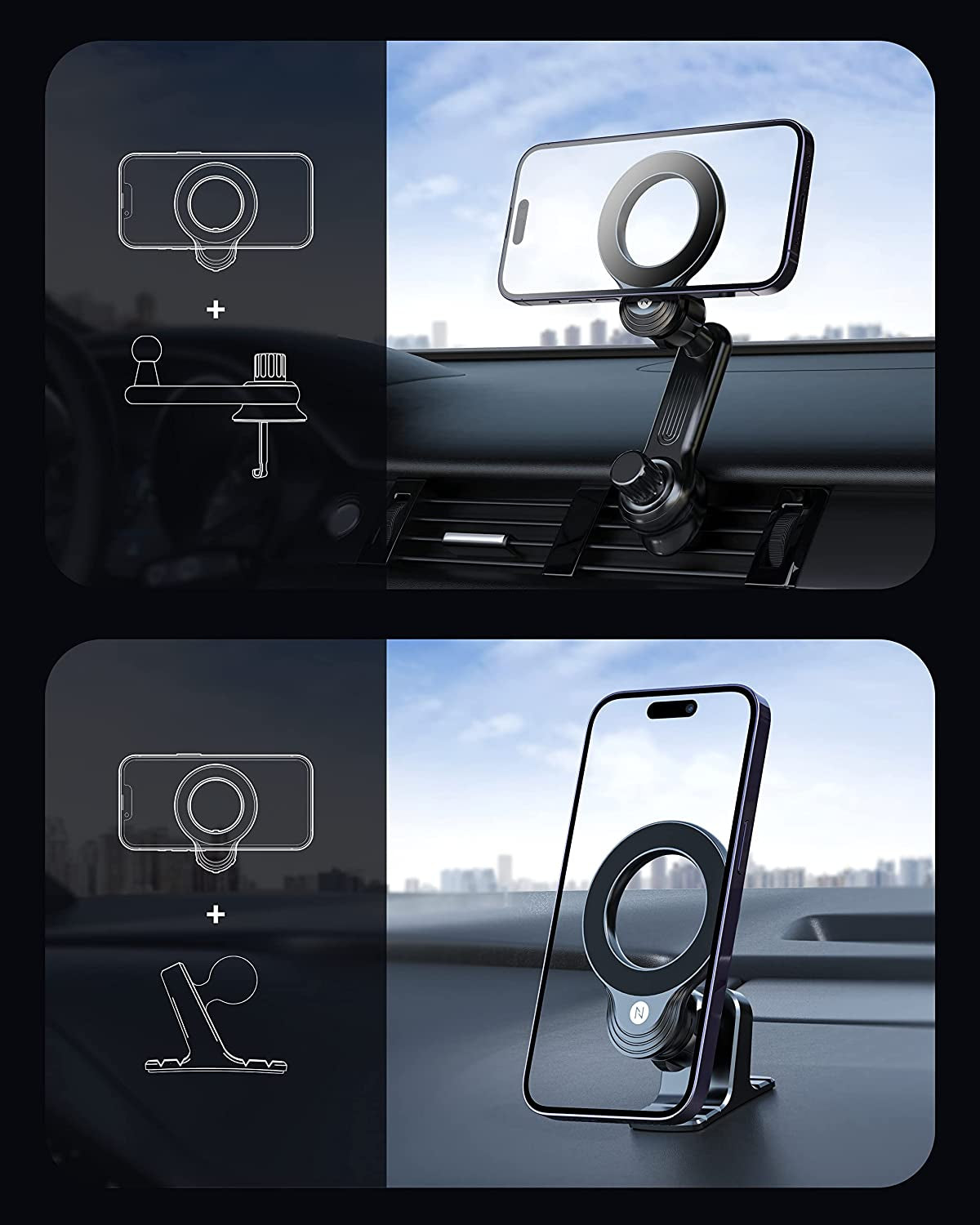 PRX Car Mount: Magnetic Phone Holder for Car with 12 Strong Magnets, Non-Blocking Vent Mount [360 Rotation] - Compatible with iPhone 14, 13, 12 Pro Max, Mini, and All Smartphones